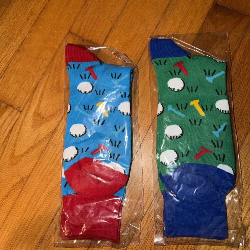 Lot Of 2 Colorful Golf Tee Balls Cotton Socks For Men New N I P Blue Green Red